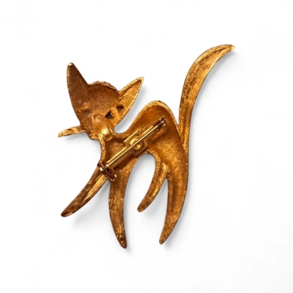 Vintage Gold-Tone Textured Cat Brooch